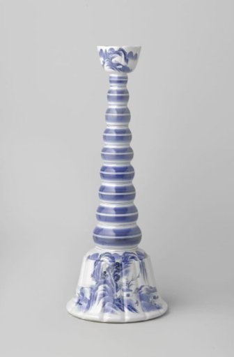 Candlestick with a conical bulb stem and candleholder and base with a water landscape