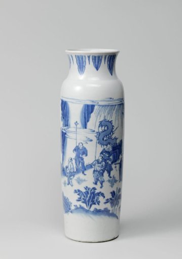 Vase (rolwagen) with a meeting between officials and a hermit in a landscape