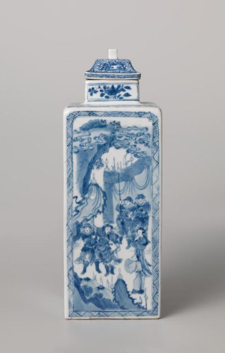 Square bottle with narrative scenes of warriors in a landscape
