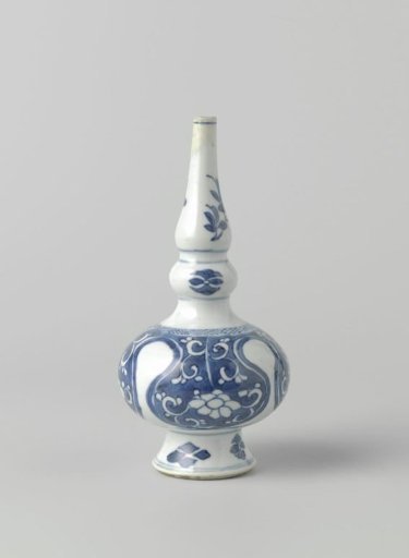 Rosewater sprinkler or bottle vase with floral scrolls in reserve in lambrequins