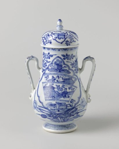 Pear-shaped covered jar with precious objects and flower sprays