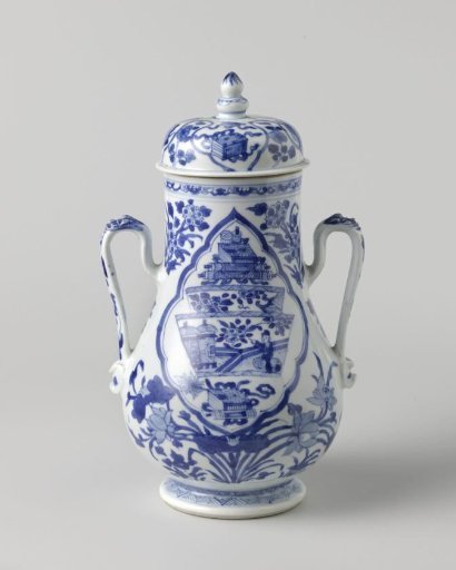 Pear-shaped covered jar with precious objects and flower sprays