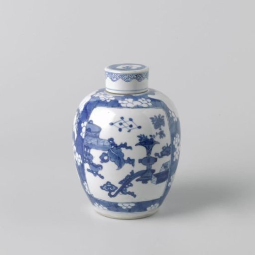 Ovoid covered jar with peachblossoms on 'crackled ice' and antiquities
