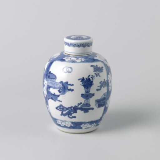 Ovoid covered jar with peachblossoms on 'crackled ice' and antiquities