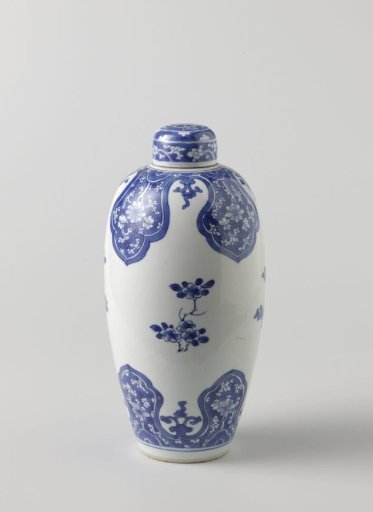 Ovoid covered jar with flower scrolls in lappet borders