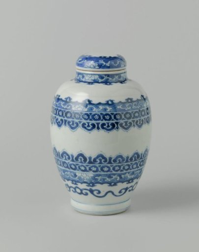 Ovoid covered jar with ornamental borders