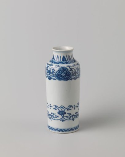 Cylindrical bottle vase with floral scrolls and ornamental borders