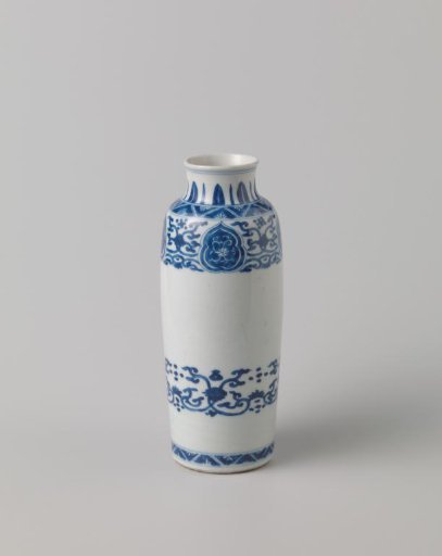 Cylindrical bottle vase with floral scrolls and ornamental borders