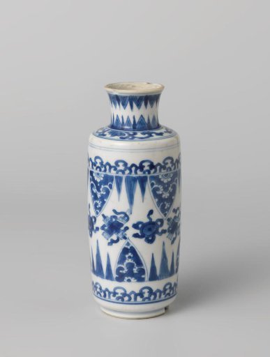 Cilindrical bottle vase with auspicious symbols, scrolls and petal borders