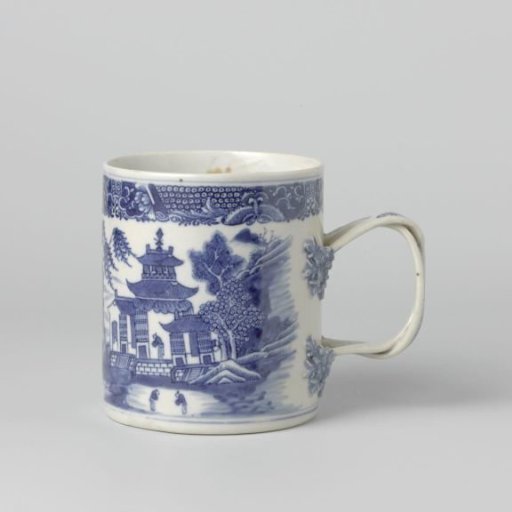 Cylindrical mug with figures in a landscape and FitzHugh-border