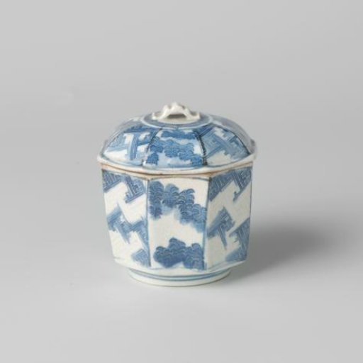 Octagonal covered jar with plants, bundles of bamboo and ornamental borders