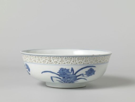 Straight-sided bowl with figure, flower sprays and auspicious symbols