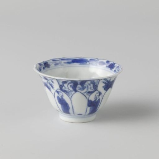 Bell-shaped cup with Chinese figures, dragons and flower sprays and the bottom moulded in the shape of flower petals