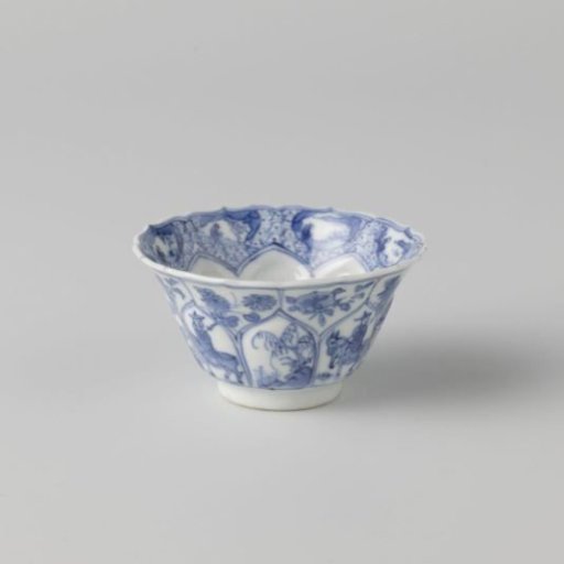Bell-shaped cup with moulded sides with landscapes and men on horseback