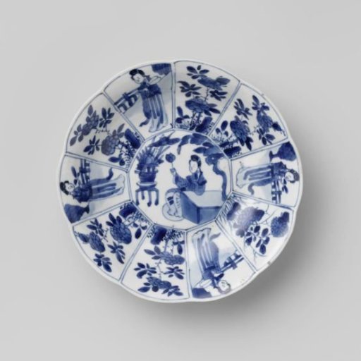 Saucer dish with women in a fenced garden and flowering plants