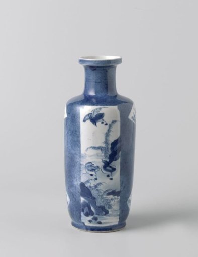 Cylindrical vase with powder blue and panels with figures and animals in landscapes