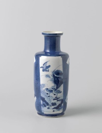 Cylindrical vase with powder blue and panels with figures and animals in landscapes