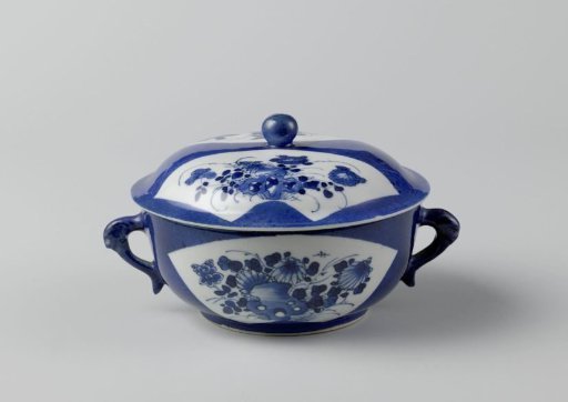 Covered bowl with powder blue and flower sprays in fan-shaped panels
