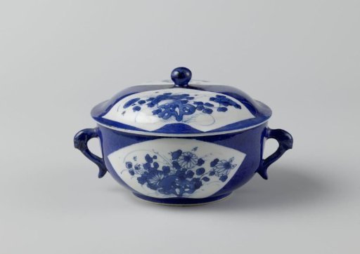 Covered bowl with powder blue and flower sprays in fan-shaped panels