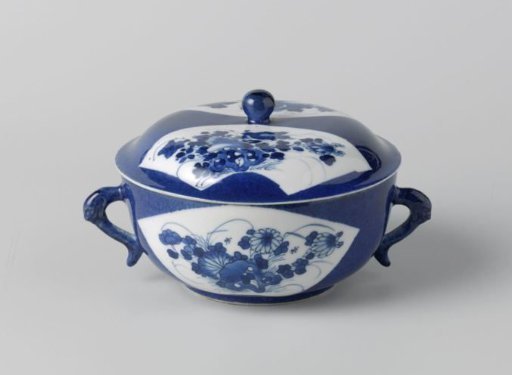 Covered bowl with powder blue and flower sprays in fan-shaped panels