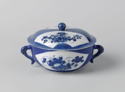 Covered bowl with powder blue and flower sprays in fan-shaped panels