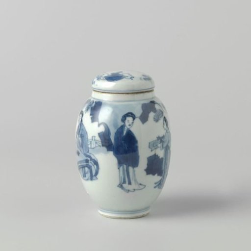 Ovoid covered jar with women in a landscape