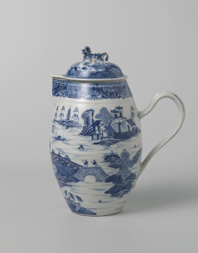 Pitcher with a river landscape with large pavilion and figures
