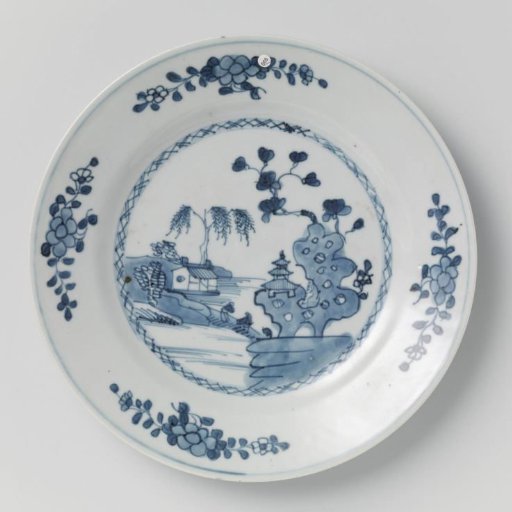 Plate with river landscape and flower sprays