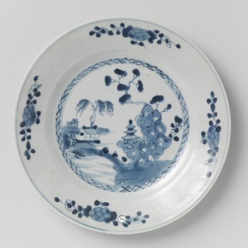 Plate with river landscape and flower sprays