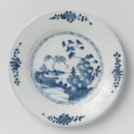 Plate with river landscape and flower sprays