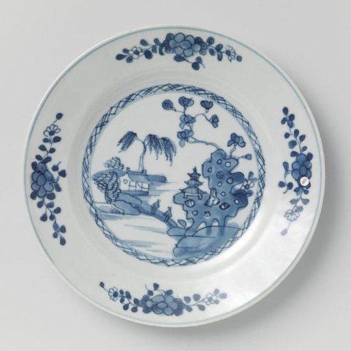 Plate with river landscape and flower sprays