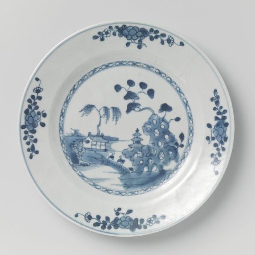 Plate with river landscape and flower sprays
