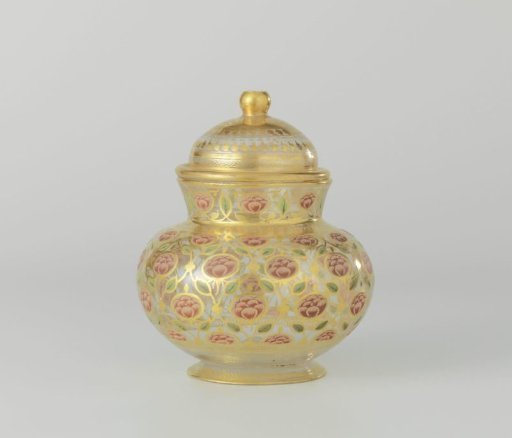 Covered pot with saucer, painted with flowers in pink and gold