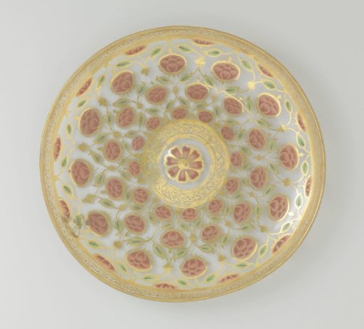 Saucer belonging to a covered pot, painted with flowers in pink and gold