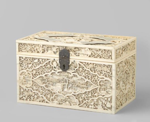 Ivory box with landscapes and flower branches in relief