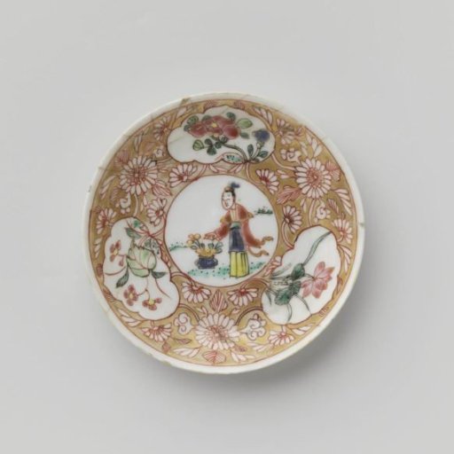 Saucer with a woman with flower basket and flowering plants in panels