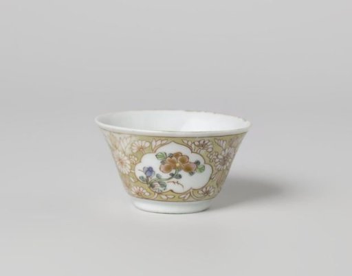 Cup with a woman with flower basket and flowering plants in panels