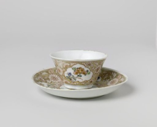 Cup and saucer with a woman with flower basket and flowering plants in panels