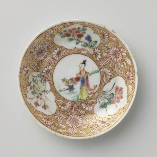 Saucer with a woman with flower basket and flowering plants in panels