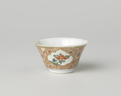 Cup with a woman with flower basket and flowering plants in panels