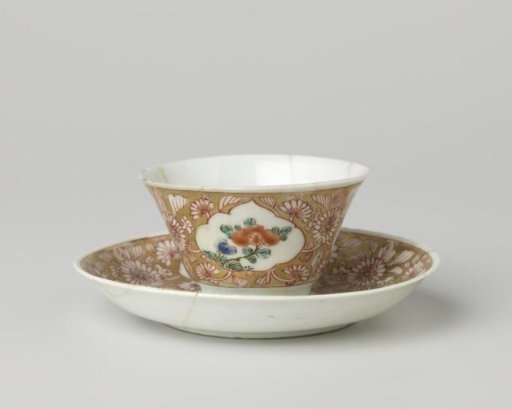 Cup and saucer with a woman with flower basket and flowering plants in panels