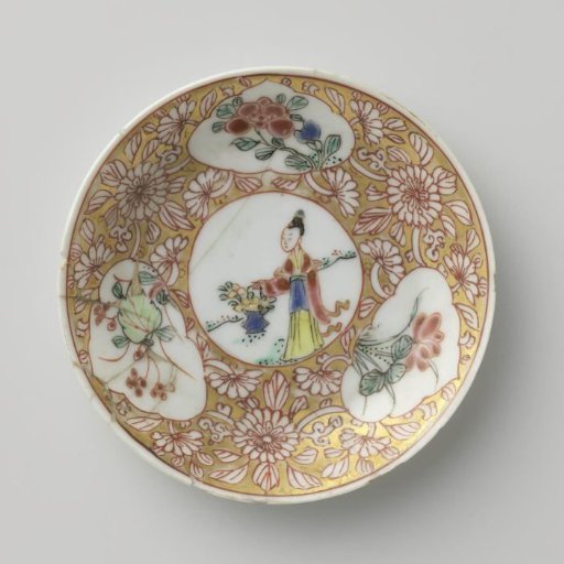 Saucer with a woman with flower basket and flowering plants in panels