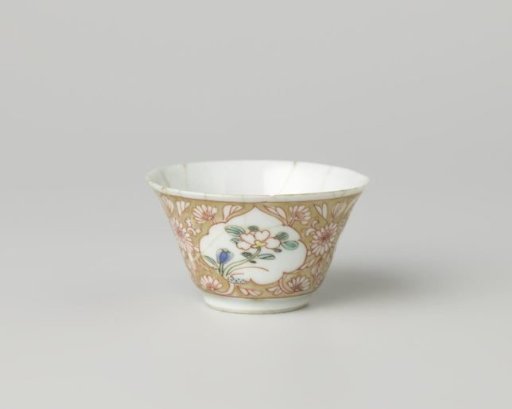 Cup with a woman with flower basket and flowering plants in panels