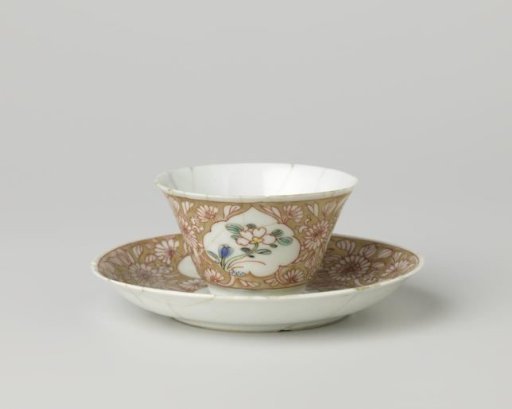 Cup and saucer with a woman with flower basket and flowering plants in panels
