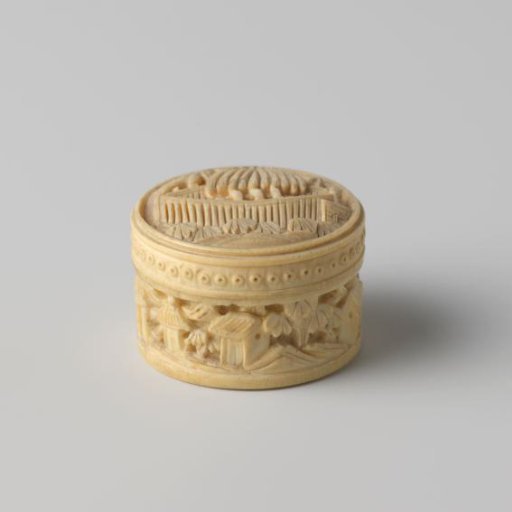Small, round, ivory box with engraved mother-of-pearl counters