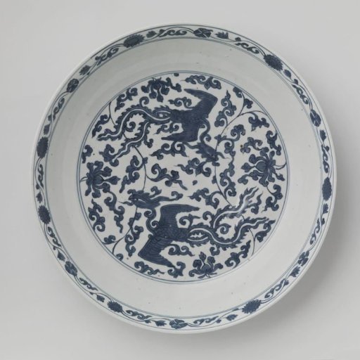 Saucer-dish with fenghuangs, cranes and floral scrolls