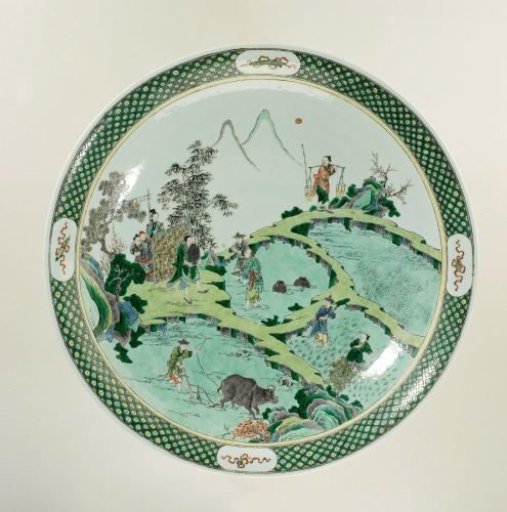 Dish with Chinese farmers engaged in rice cultivation