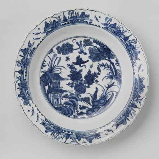 Dish with birds in a landscape near a pavillion
