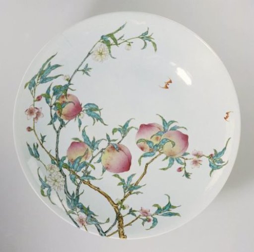 Dish with a fruiting and blossoming peach trea and five bats