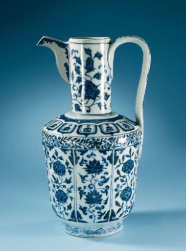 Ewer with floral scrolls and funghi in a panel decoration